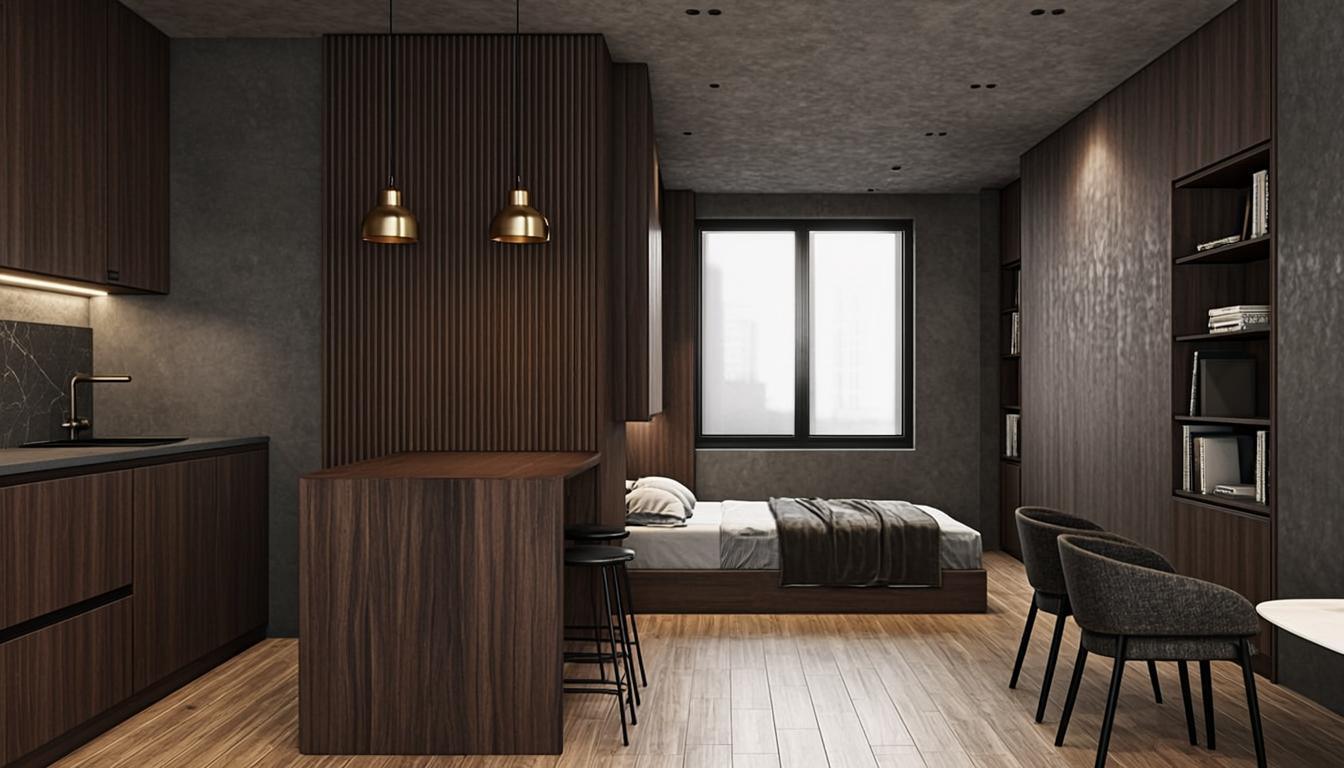Компактная студия 32 м² в графитово-деревянной палитре: тёмные микроцементные стены, ореховый кухонный остров, латунные плафоны, скрытое хранение